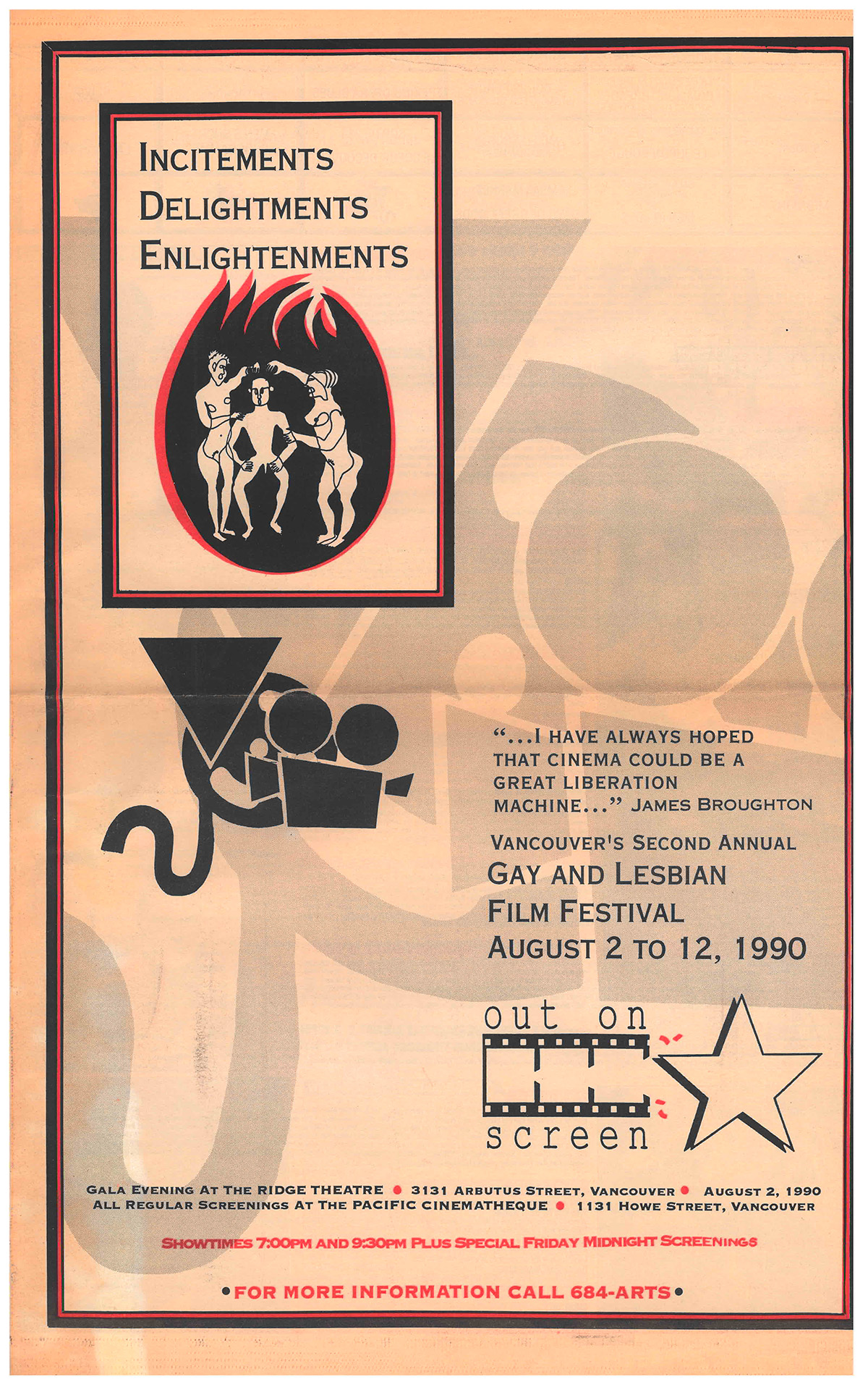 Scan of the cover of the 1990 Out On Screen Gay and Lesbian Film Festival guide. There are illustrations of a geometric minimalist illustration of a film camera and film reel and an image of three figures in a black and red flame. Text on the top reads 