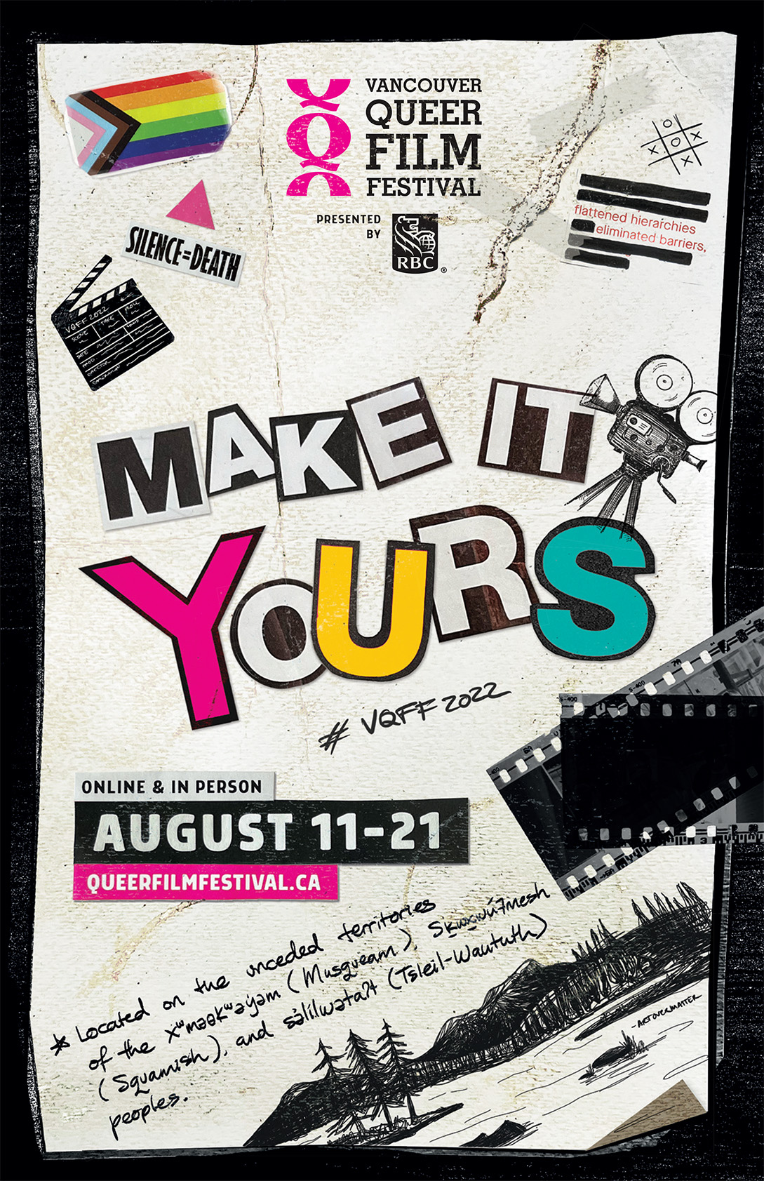 2022 VQFF poster with a zine aesthetic and collaged letters reading Make It Yours.